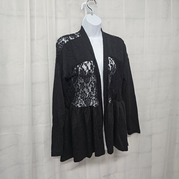 Black Lace Knit Cardigan Twee Coquette Whimsigoth Ribbed Sheer Y2K L - Picture 4 of 12